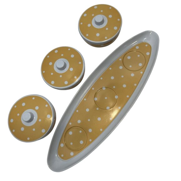 Yellow & White Polka Dot Condiment Set With 3 Lidded Bowls & Tray - Picture 5 of 11
